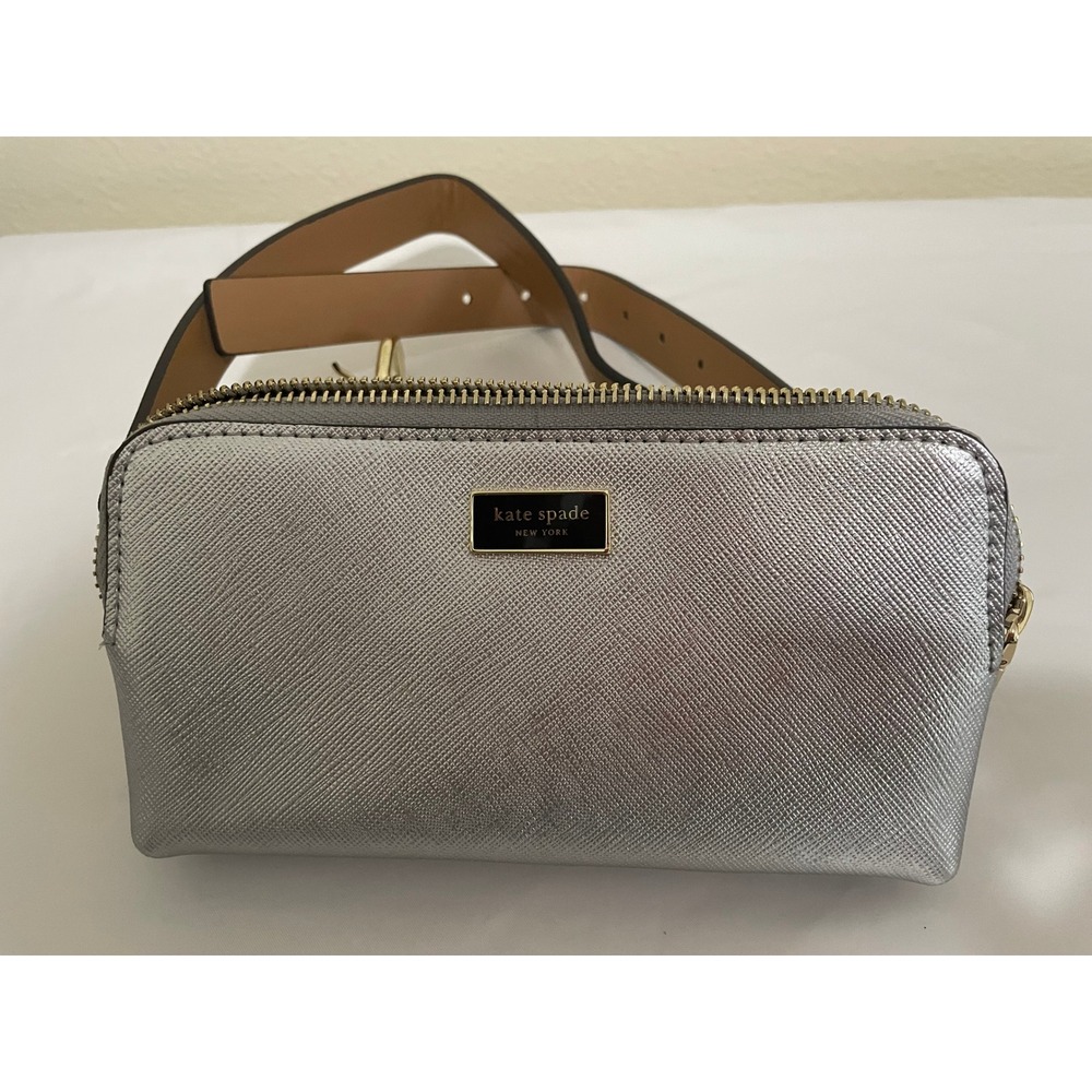 Kate Spade Silver Saffiano Leather Belt Bag Fanny Pack  L/XL Gold Tone#655